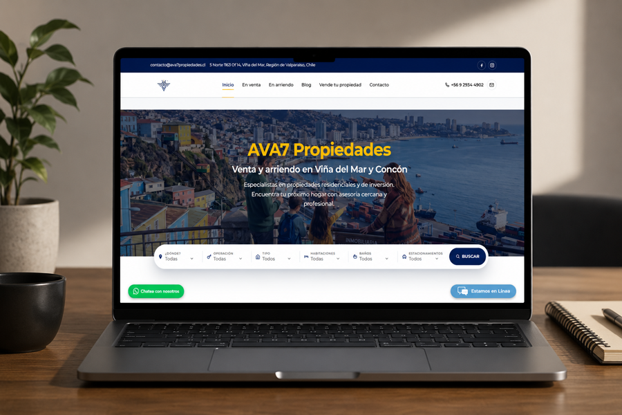 AVA7 Propiedades — captura de la web inmobiliaria en Viña del Mar